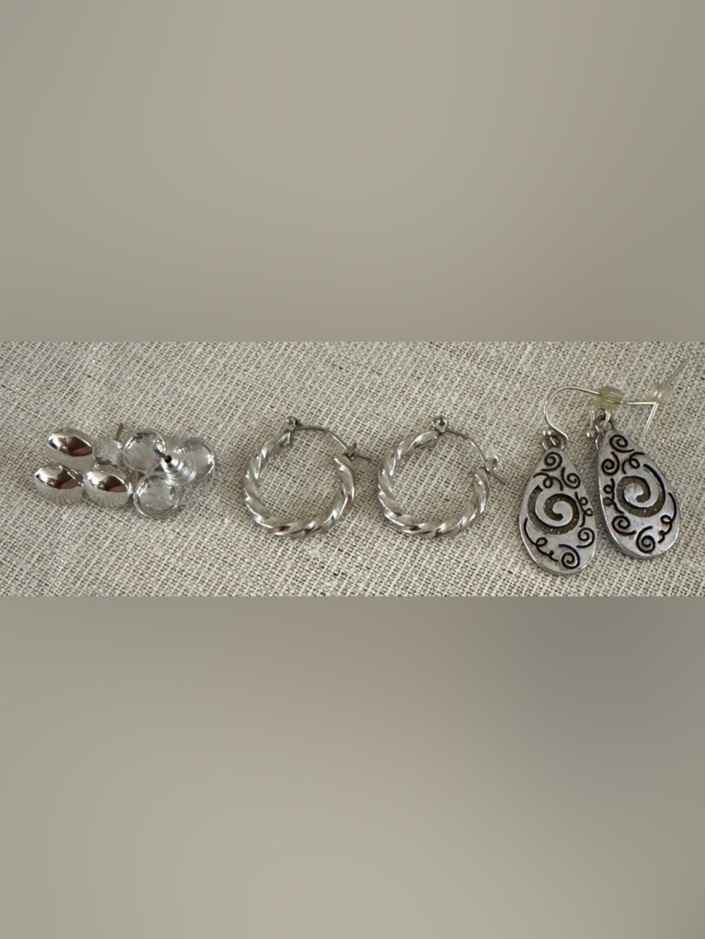 Silver-Tone Earrings Set — Three Pairs (Studs, Twisted Hoops, Filigree Drops)